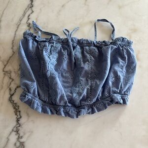 Blue love Tree denim lace crop top with adjustable straps and ruffle detail
